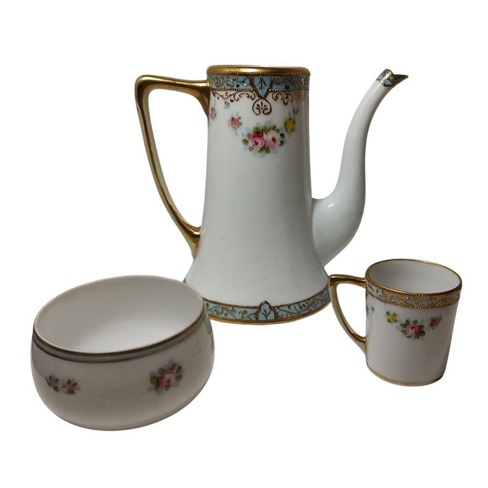 Antique Nippon‎ Chocolate Pot Demitasse Mug Sugar Bowl Gold Moriage Hand Painted